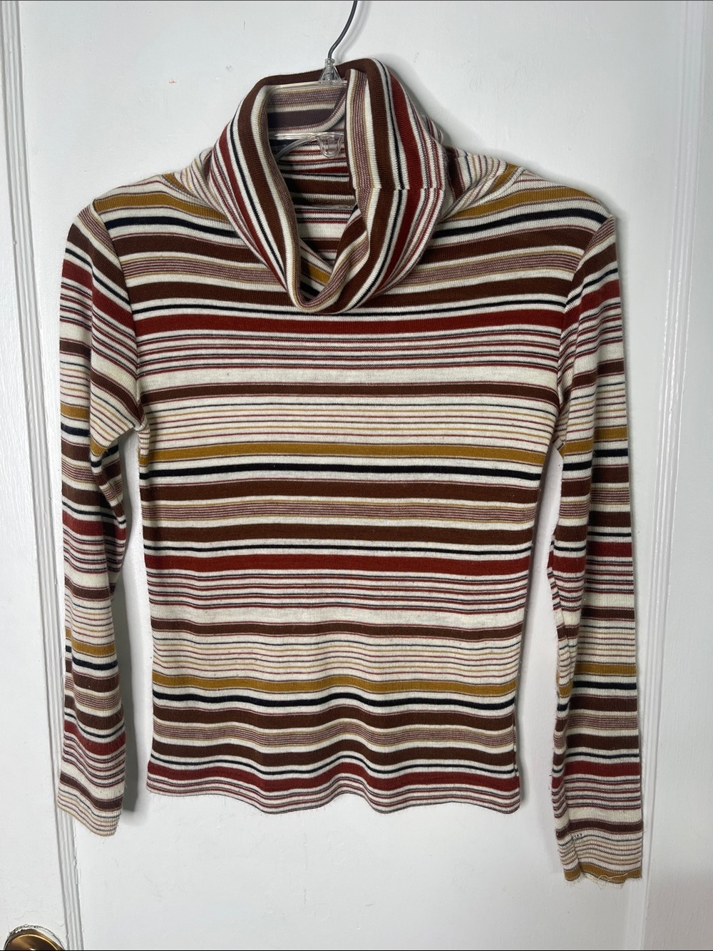 Vintage Turtleneck Striped Top Albee Small Brown Fall 70s 80s Soft S Funnel Neck